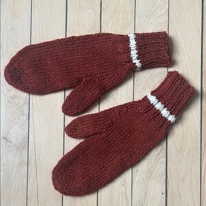Vintage Hand Knit Rust Orange Children’s  Mittens with Cream stripe